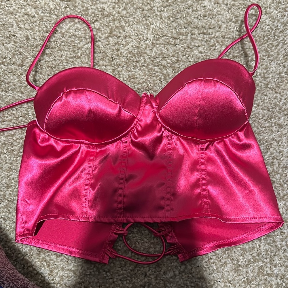 Pink crop lace up top